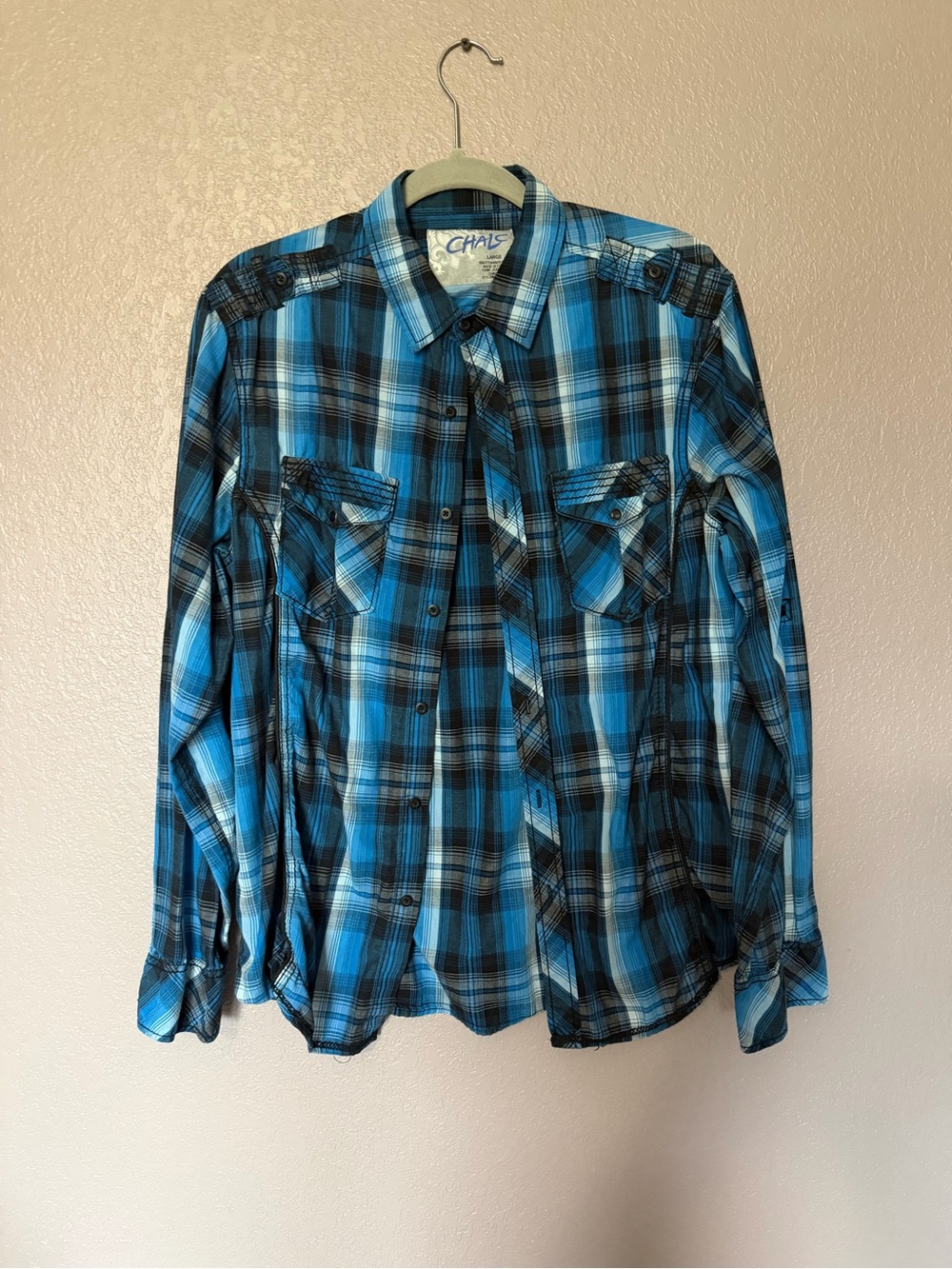 CHALY Blue Plaid Long-Sleeve Casual Button-Down Shirt